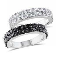 Ensemble de bagues d'anniversaire semi-éternité Asteria avec spinelles noirs et saphirs blancs synthétiques 2-3/5 CT PBT en argent sterling
