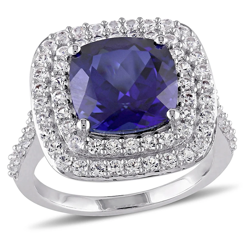 Bague auréole double Tangelo avec saphirs bleu et blancs synthétiques 7-1/10 CT PBT en argent sterling