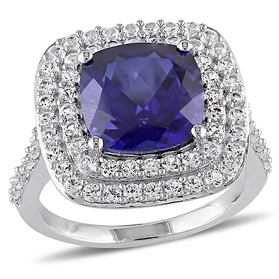 Bague auréole double Tangelo avec saphirs bleu et blancs synthétiques 7-1/10 CT PBT en argent sterling