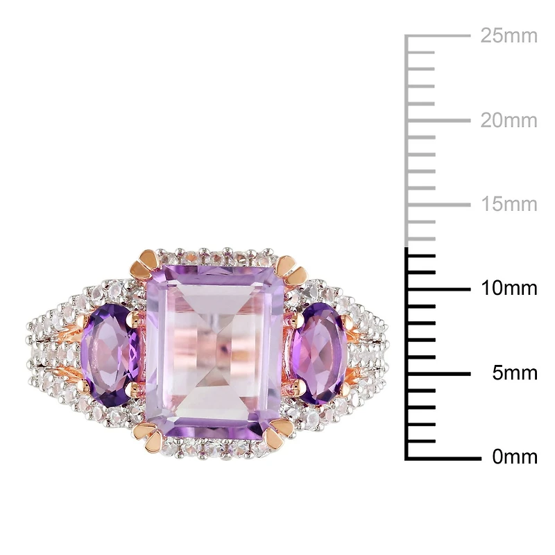 Bague cocktail Tangelo avec rose de France, améthystes et saphirs blancs synthétiques 4-5/8 CT PBT en argent sterling plaqué de rhodium rosé