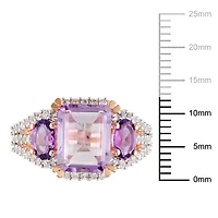 Bague cocktail Tangelo avec rose de France, améthystes et saphirs blancs synthétiques 4-5/8 CT PBT en argent sterling plaqué de rhodium rosé