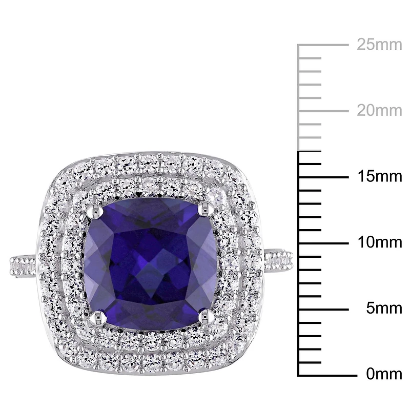 Bague auréole double Tangelo avec saphirs bleu et blancs synthétiques 7-1/10 CT PBT en argent sterling
