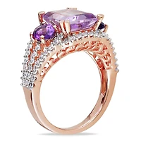 Tangelo 4-5/8 Carat T.G.W. Rose De France, Amethyst And Created White Sapphire Rose Rhodium-Plated Sterling Silver Cocktail Ring