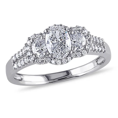 Miabella 1 Carat T.W. Diamond 14K White Gold Oval Halo 3-Stone Engagement Ring