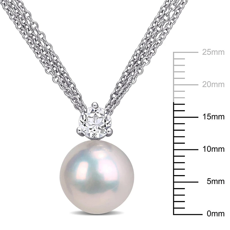 Miabella 3/5 Carat T.G.W White Topaz and 11-12mm Cultured Pearl Sterling Silver Pendant, 18"