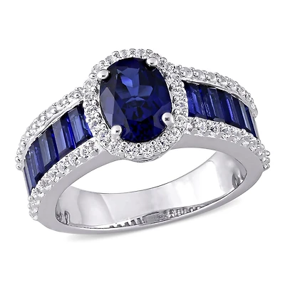 Bague Miabella en ovale à auréole avec 4 3/4 CT PBT de saphir bleu et blanc synthétique en argent sterling