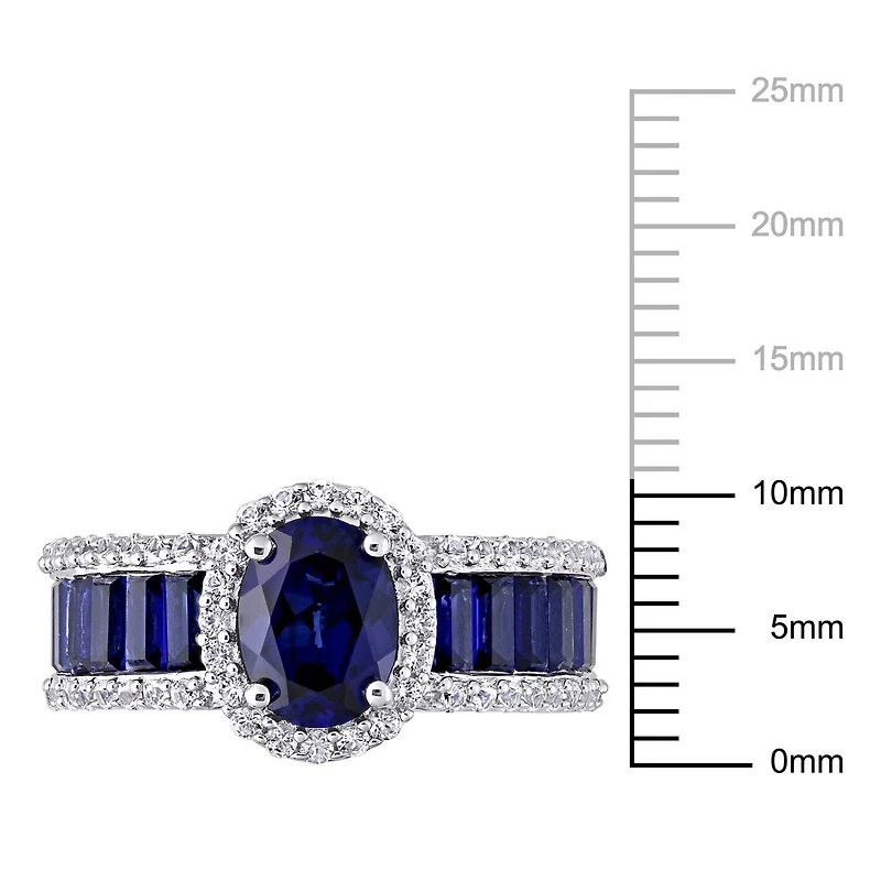 Bague Miabella en ovale à auréole avec 4 3/4 CT PBT de saphir bleu et blanc synthétique en argent sterling