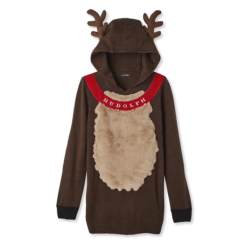 chandail de noël, ample et à capuchon, du petit renne au nez rouge