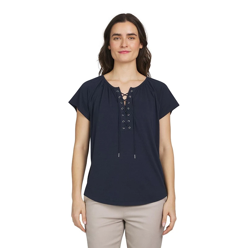 Chaps Women's Short Sleeve Lace Up Top