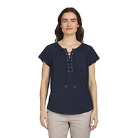 Chaps Women's Short Sleeve Lace Up Top