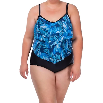 Ibiza Plus Size Tiered one piece mesh ruffle is very flattering and slimming. Adjustable straps, soft cups, and tummy control  for added support and comfort.