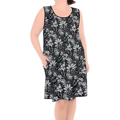Ibiza This beaufitul plus size Floral tank dress has a keyhole back and pockets. This dress is  figure flattering on any body type. The perfect dress coverup for Beach to Street.