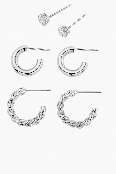 Luxury Designs Silver Plated Set of 3 Earrings - CZ Stud, High Polished Hoops & Twisted Hoops