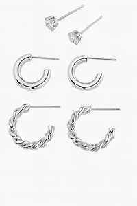 Luxury Designs Silver Plated Set of 3 Earrings - CZ Stud, High Polished Hoops & Twisted Hoops