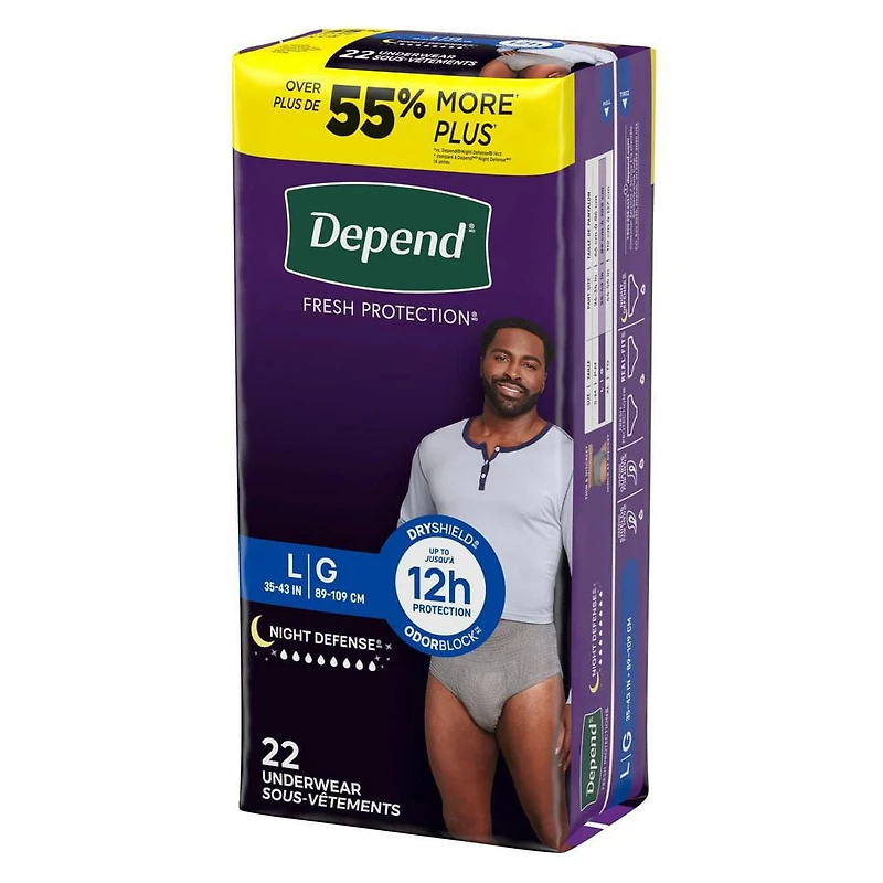 Sous-vêtements d’incontinence Depend Night Defense pour hommes, nuit, P/M - TG, gris