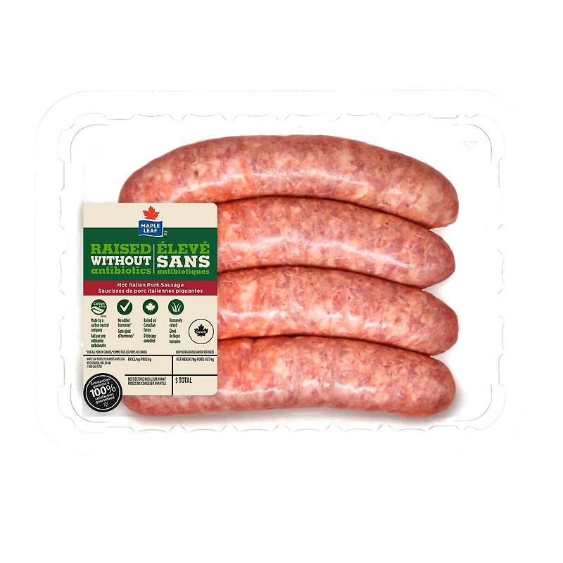 Saucisses de porc italiennes piquantes Maple Leaf Élevé sans antibiotiques 4 Saucisses de porc
