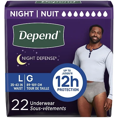 Sous-vêtements d’incontinence Depend Night Defense pour hommes, nuit, P/M - TG, gris