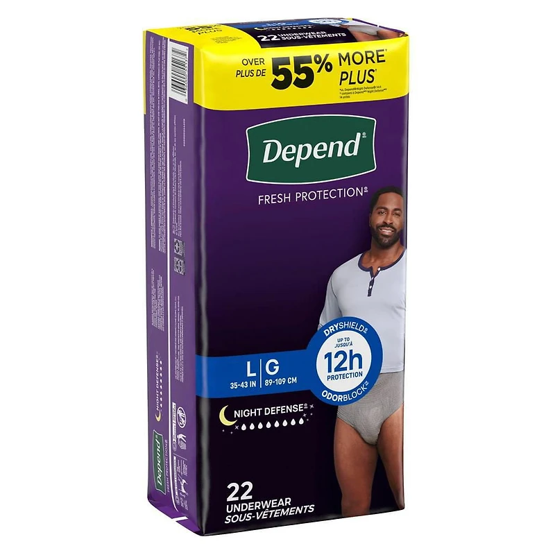 Sous-vêtements d’incontinence Depend Night Defense pour hommes, nuit, P/M - TG, gris