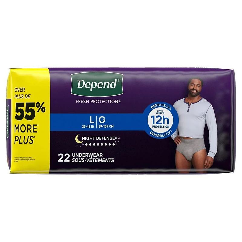 Sous-vêtements d’incontinence Depend Night Defense pour hommes, nuit, P/M - TG, gris
