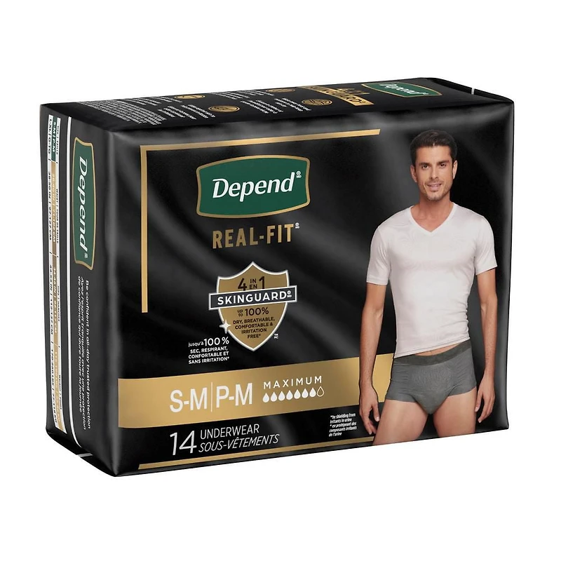Sous-vêtement d’incontinence jetable Depend Real Fit pour hommes, absorption maximale, P/M-G-TG, noir et gris