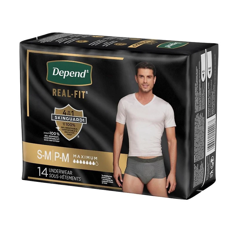 Sous-vêtement d’incontinence jetable Depend Real Fit pour hommes, absorption maximale, P/M-G-TG, noir et gris