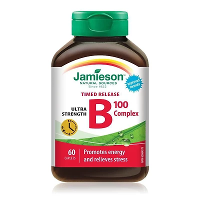 Jamieson Vitamin B100 Timed Release Caplets, 100 mg, 100 Count, 60 Capsules