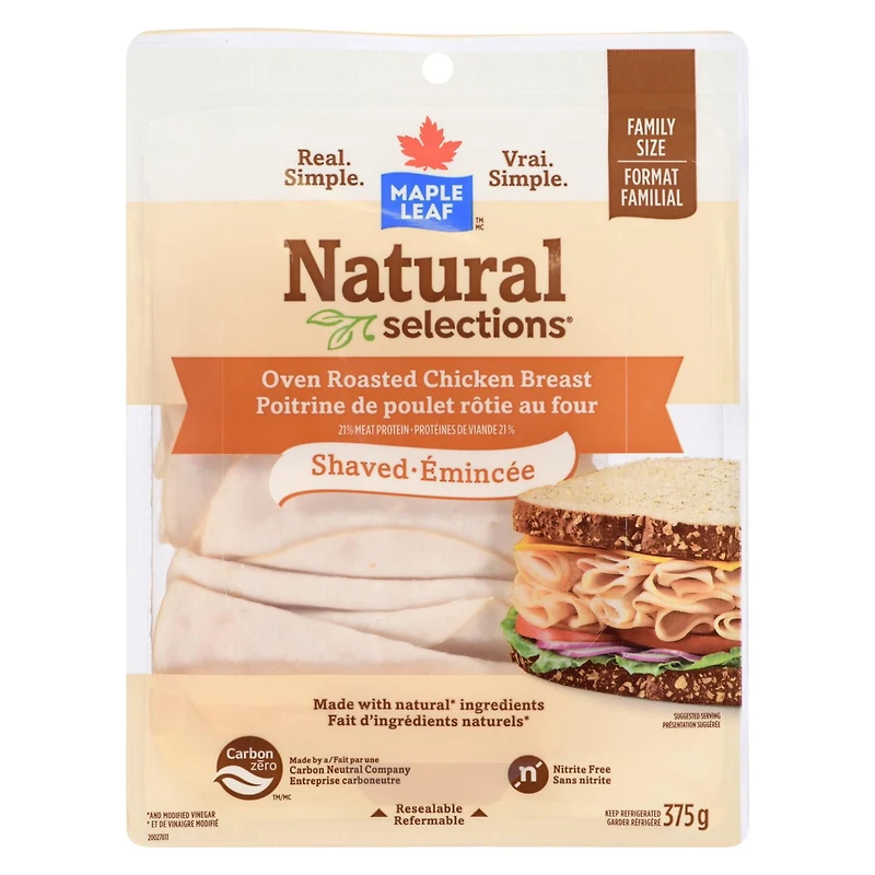 Maple Leaf Natural Selections Shaved Deli Chicken Breast Oven Roasted Family Size, 375 g