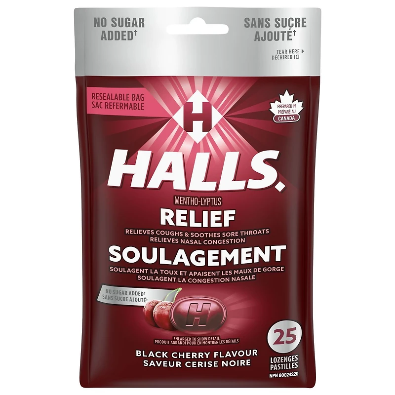 HALLS, sans sucre ajouté, pastilles à saveur de cerise noire, pastilles, apaisent le mal de gorge, mentho-lyptus 25 pastilles