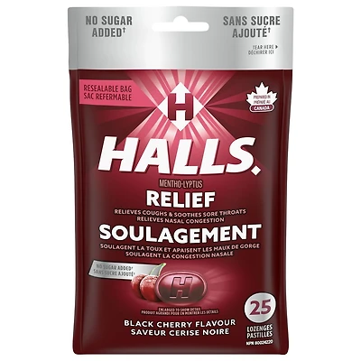 HALLS, sans sucre ajouté, pastilles à saveur de cerise noire, pastilles, apaisent le mal de gorge, mentho-lyptus 25 pastilles
