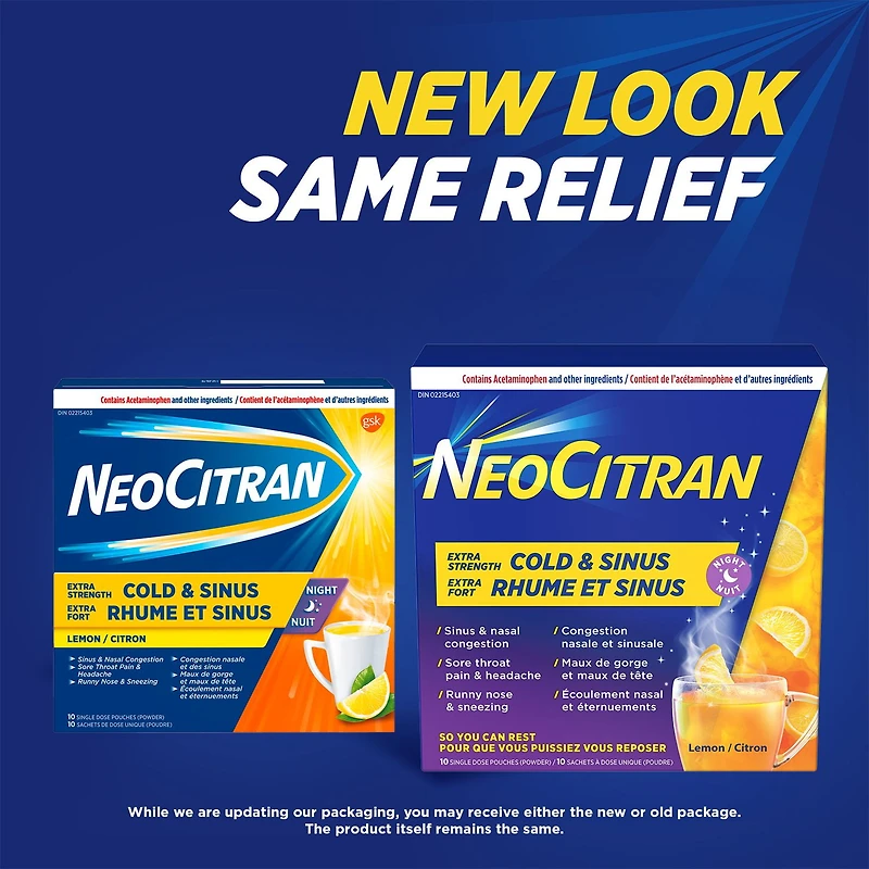 NeoCitran Extra Strength Cold & Sinus Night Lemon, 10 Pouches