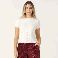 Bloom Girl Pull à manches courtes en maille torsadée avec ornements bijoux