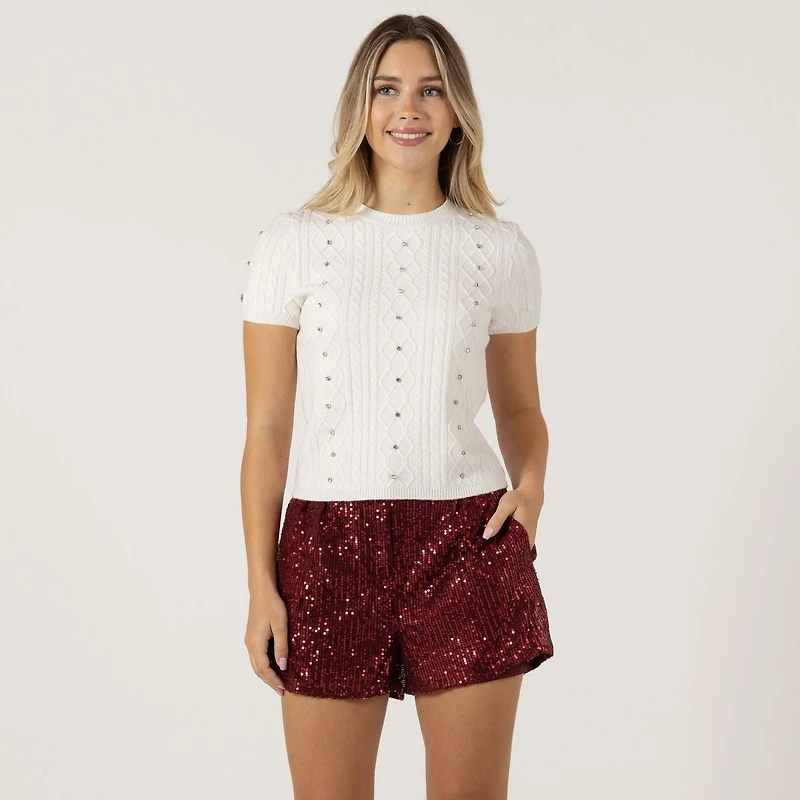 Bloom Girl Pull à manches courtes en maille torsadée avec ornements bijoux