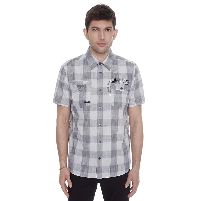 Dark Black Men's Short-Sleeve Plaid Button-Down Shirt with Pockets