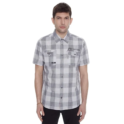 Dark Black Men's Short-Sleeve Plaid Button-Down Shirt with Pockets