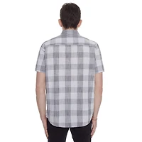 Dark Black Men's Short-Sleeve Plaid Button-Down Shirt with Pockets