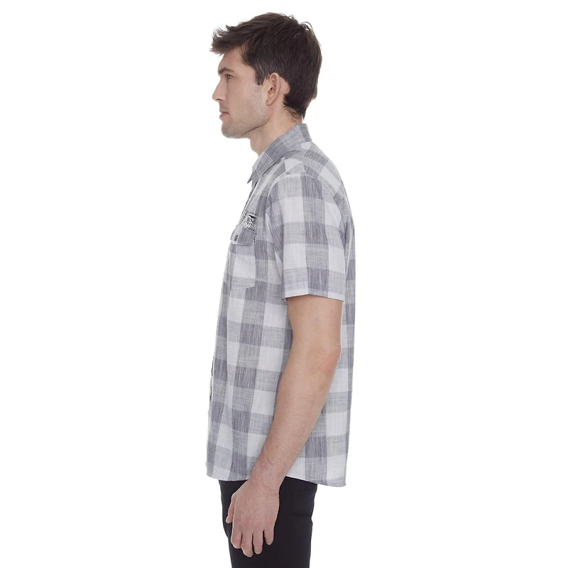 Dark Black Men's Short-Sleeve Plaid Button-Down Shirt with Pockets
