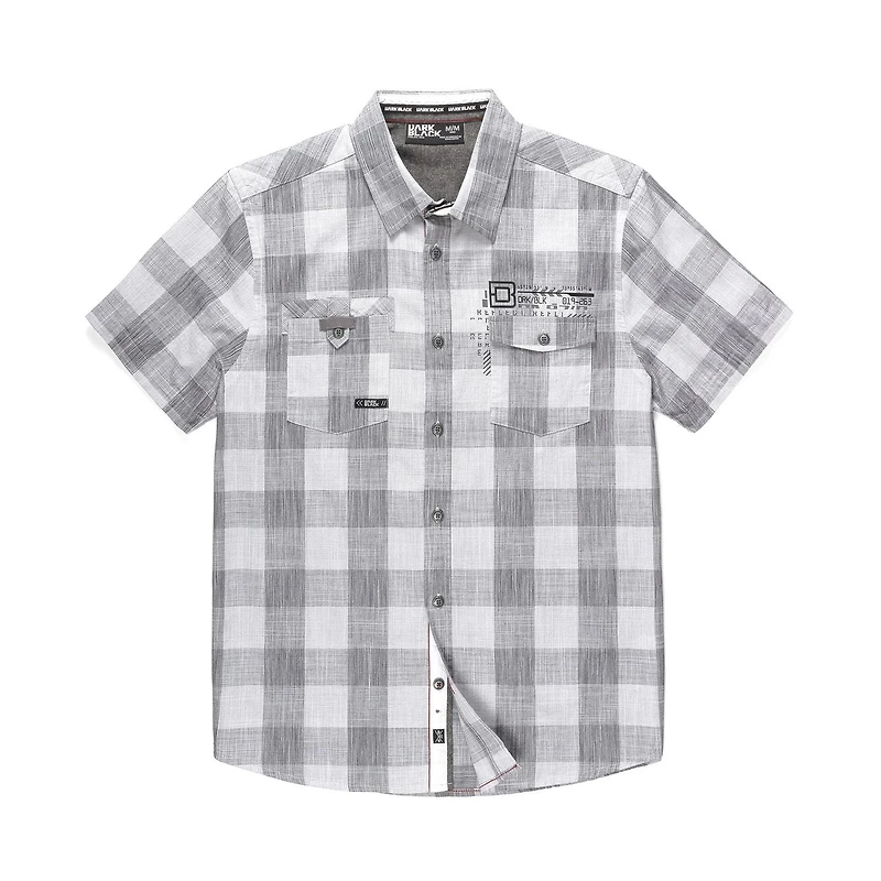Dark Black Men's Short-Sleeve Plaid Button-Down Shirt with Pockets