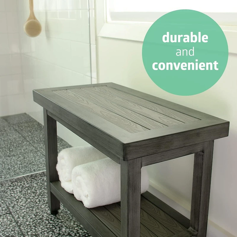 Banc de salle de bain Medline imitation teck, banc de douche en aluminium aspect teck, gris