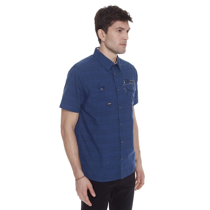 Dark Black Men's Short-Sleeve  Button-Down Shirt with Pockets