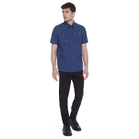 Dark Black Men's Short-Sleeve  Button-Down Shirt with Pockets