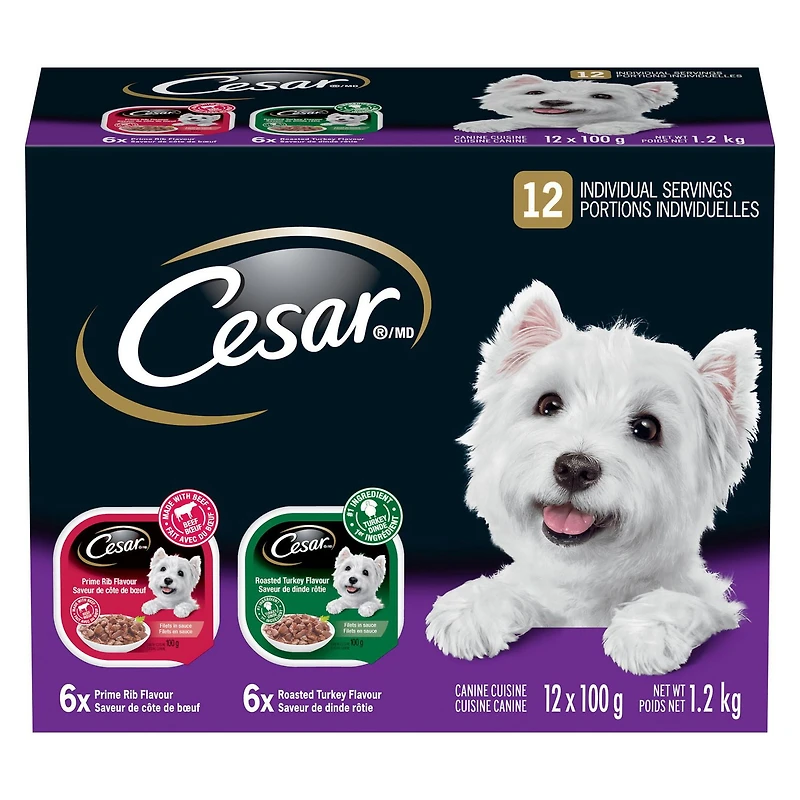 Nourriture En Tranches pour chiens adultes CESAR 6 X Saveur De Dinde RÔtie, 6 X Saveur De CÔte De BŒuf 12x100g