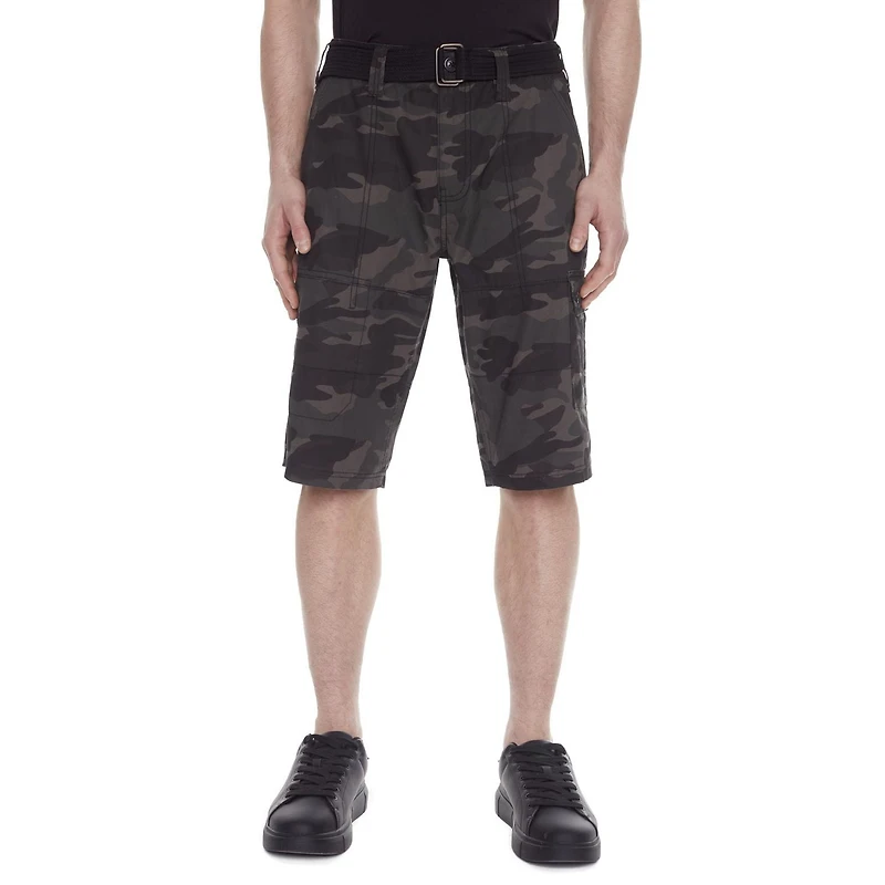 Dark Black Men's Belted Camo Cargo Capri Short