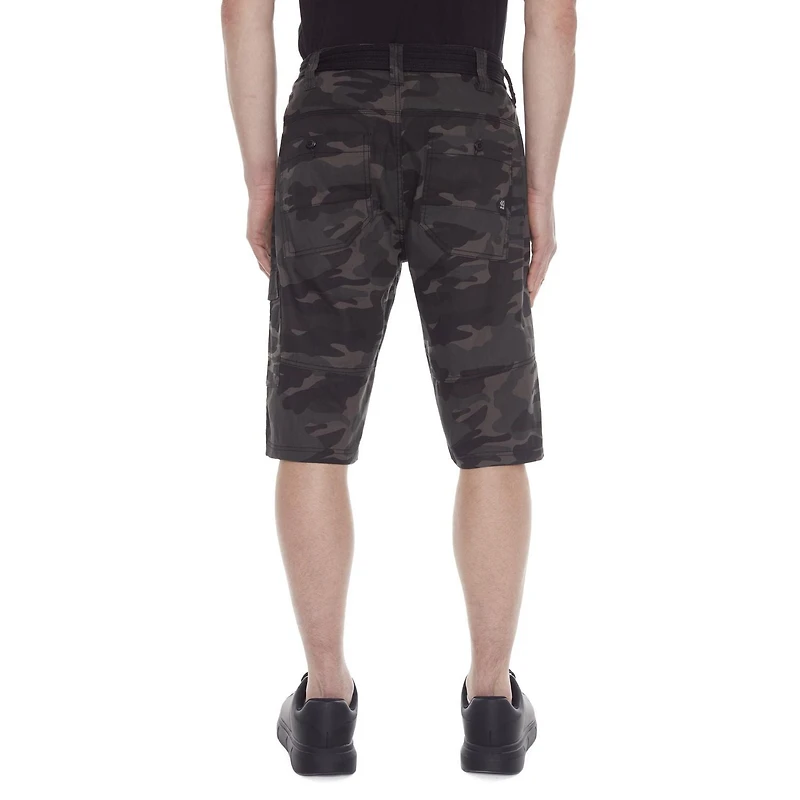 Dark Black Men's Belted Camo Cargo Capri Short
