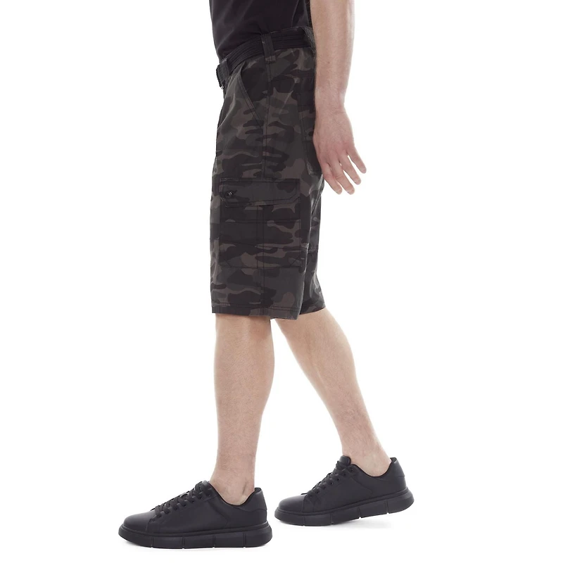 Dark Black Men's Belted Camo Cargo Capri Short