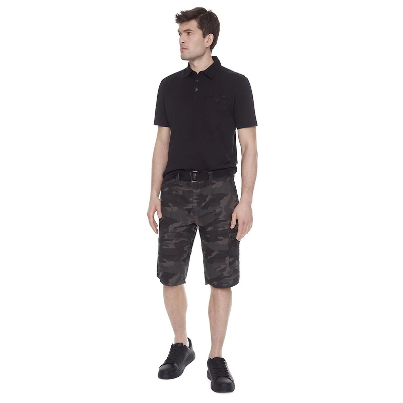 Dark Black Men's Belted Camo Cargo Capri Short