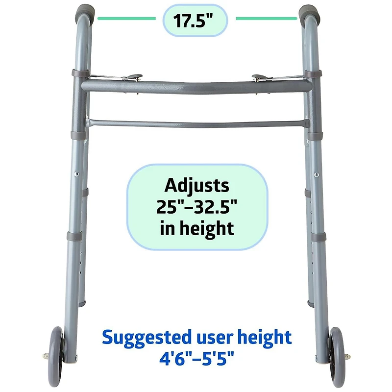 Medline 2-Button Folding Aluminum Junior Walker with 5" Wheels