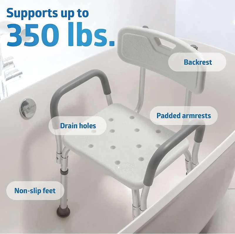 Chaise de douche Medline avec accoudoirs et dossier rembourrés ; idéale pour les baignoires ; supporte jusqu'à 350 lb
