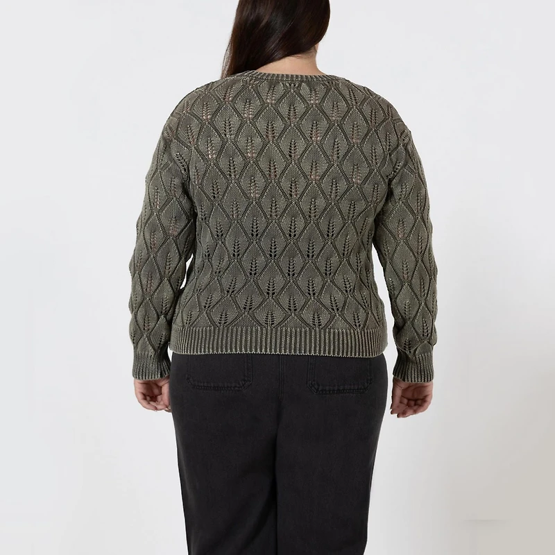 Devoted Taille Plus Femme Pull à manches longues et col rond en maille pointelle