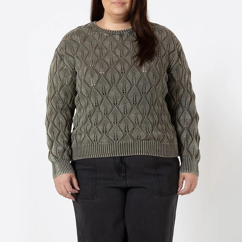 Devoted Taille Plus Femme Pull à manches longues et col rond en maille pointelle