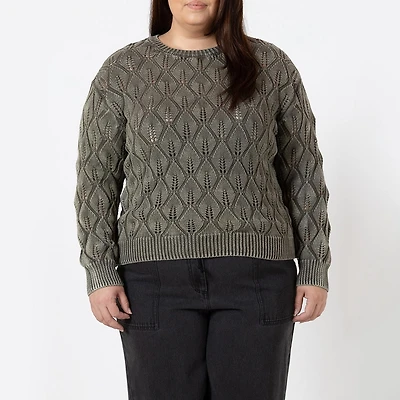 Devoted Taille Plus Femme Pull à manches longues et col rond en maille pointelle